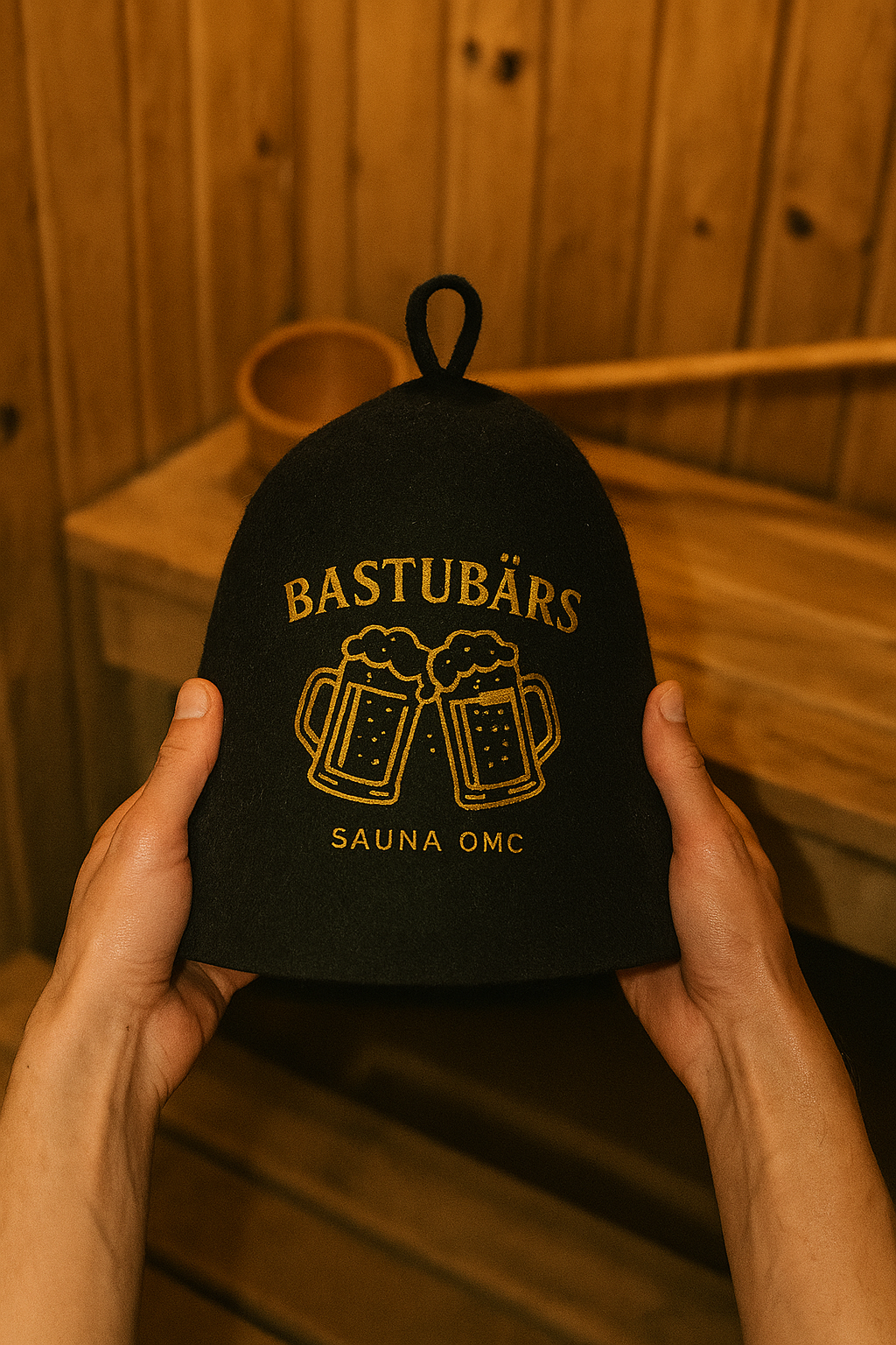 Händer håller i bastumössa med ölglas-tryck i bastumiljö