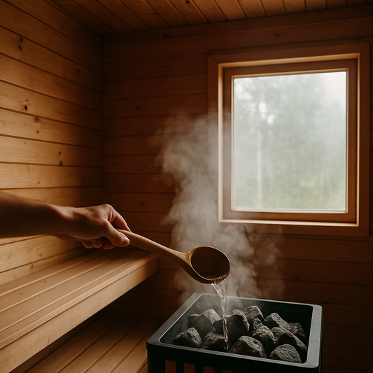 Hand som häller vatten på bastusten i en traditionell bastu