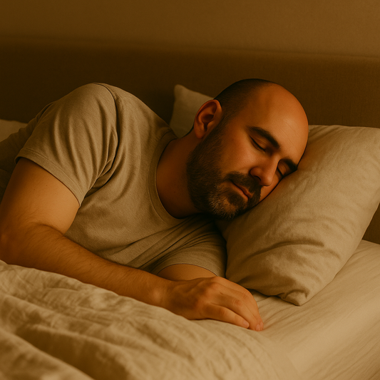En man sover lugnt i en säng med varmt kvällsljus, vilket symboliserar hur bastubad kan bidra till bättre nattsömn och återhämtning.