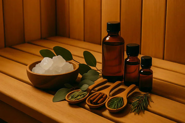 Bastuprodukter med naturliga dofter som tall, citrongräs och eukalyptus