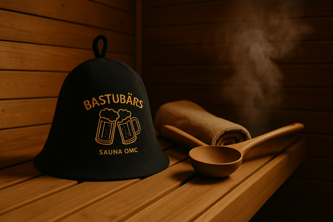 Svart bastumössa i filt med guldtexten ‘BASTUBÄRS’ och två ölglas på loggan, placerad på en träbänk i en varm finsk bastu med träväggar, handduk och bastuslev.