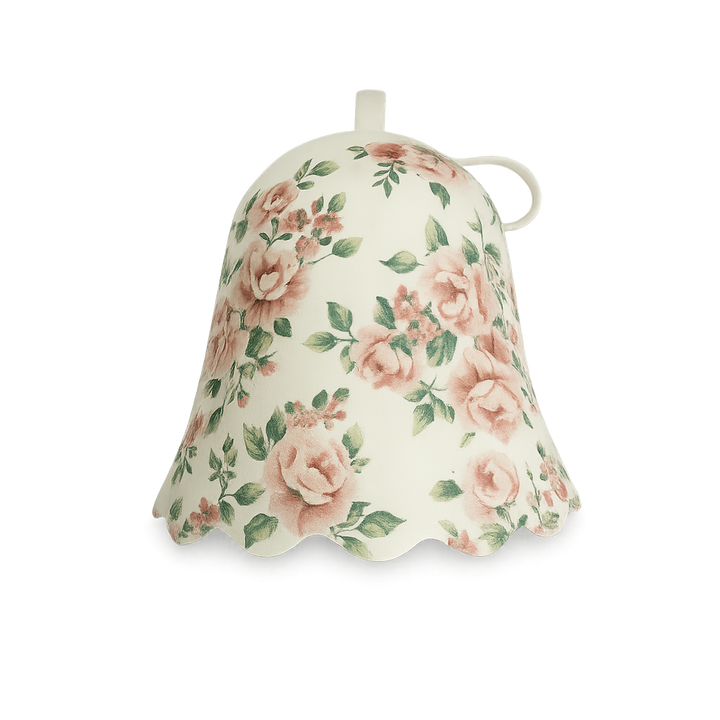 Blommig bastumössa i ull som skyddar hår och hårbotten från värme i bastun.
