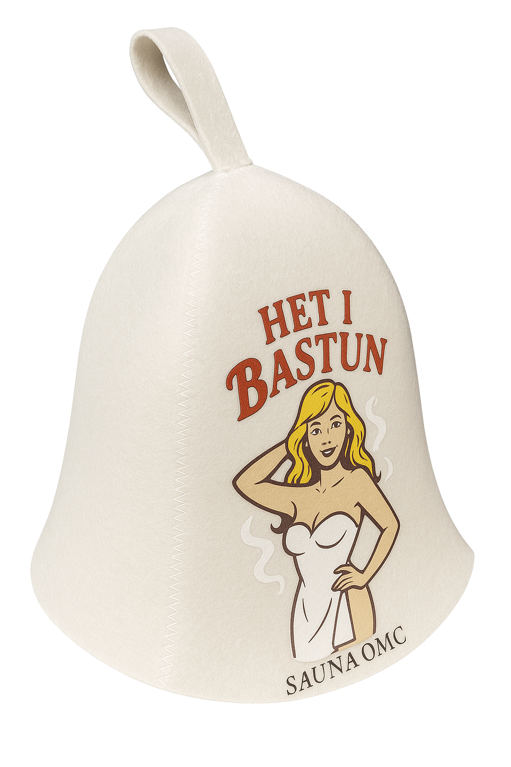 Bastumössa i filt med tryck Het i Bastun och Sauna OMC, bastutillbehör för komfort och humor
