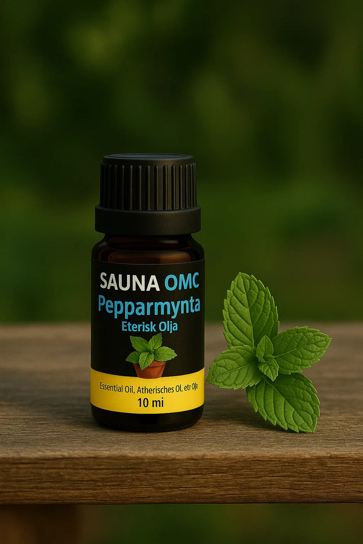 Bastuolja Pepparmynta - eterisk olja 10 ml från Sauna OMC med fräsch mynta för bastu och aromaterapi.