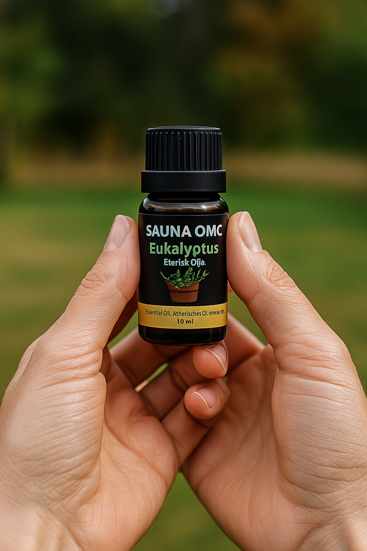 Eterisk olja med eukalyptus, 10 ml flaska hålls i händer utomhus.