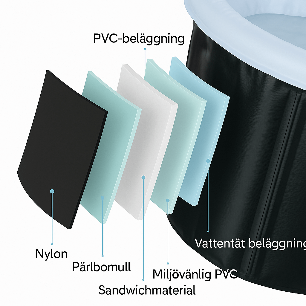 Detaljerad diagram över lager i isbad tunna, nylon, pärlbomull, miljövänlig PVC och vattentät beläggning
