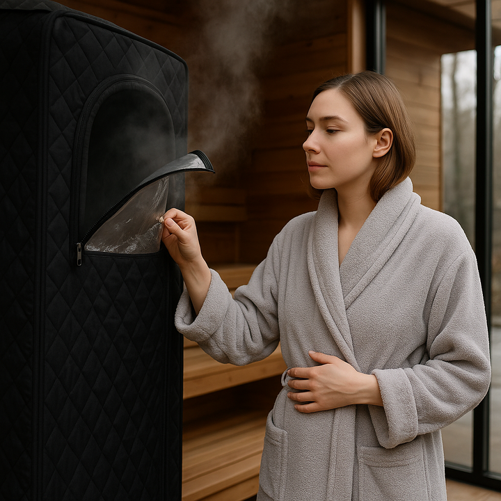 Kvinna i morgonrock använder portabelt bastutält med ånga i hemmamiljö – perfekt för avkoppling och spa-känsla hemma.