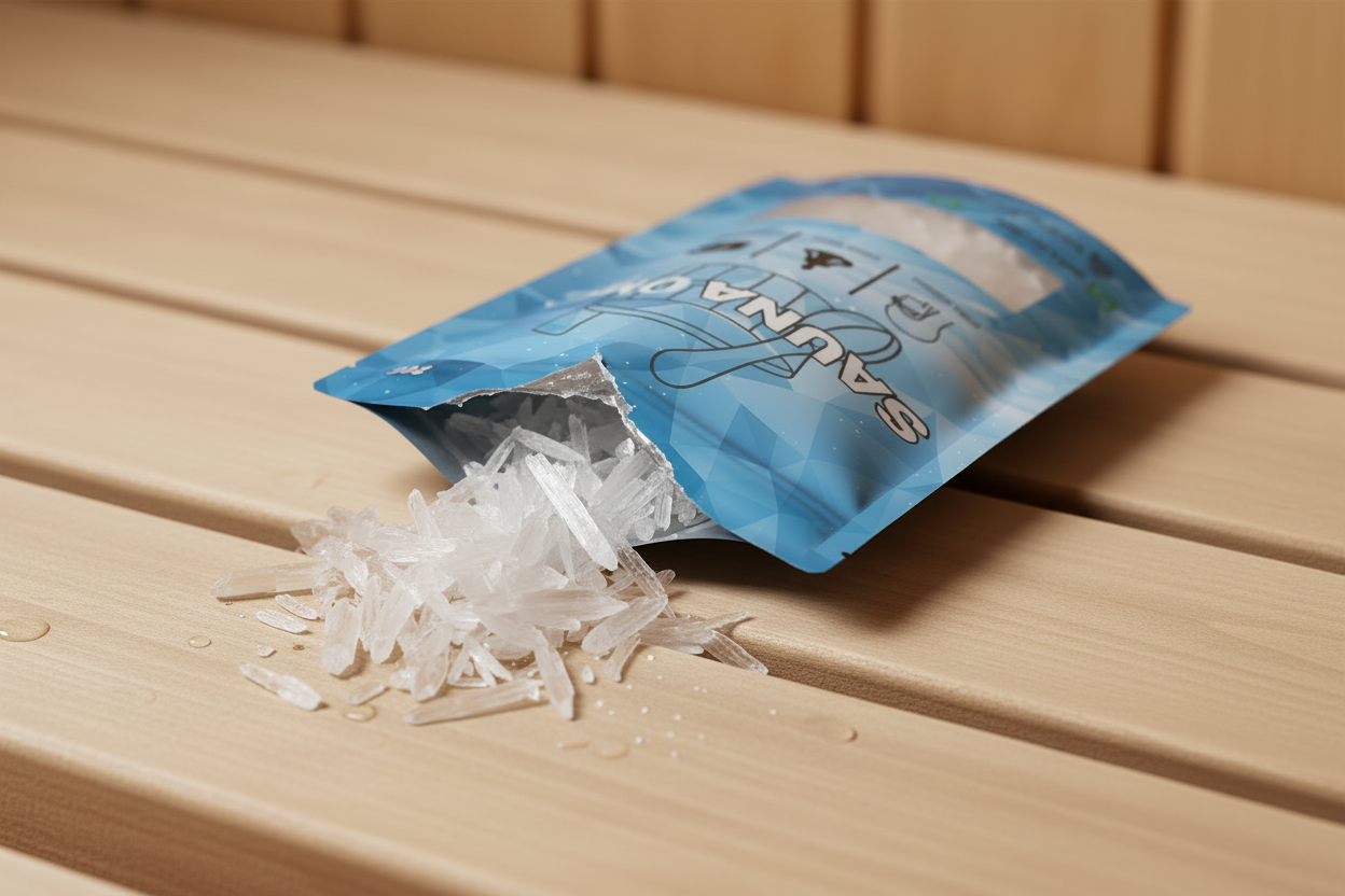 Öppnad påse med bastukristaller på ljus träbänk i bastu