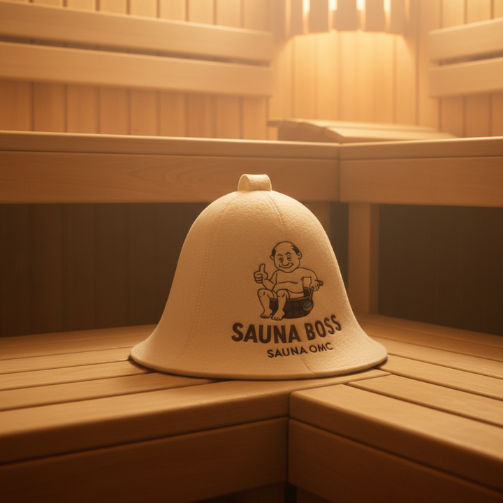 Sauna Boss mössa i bastumiljö - korrekt storlek