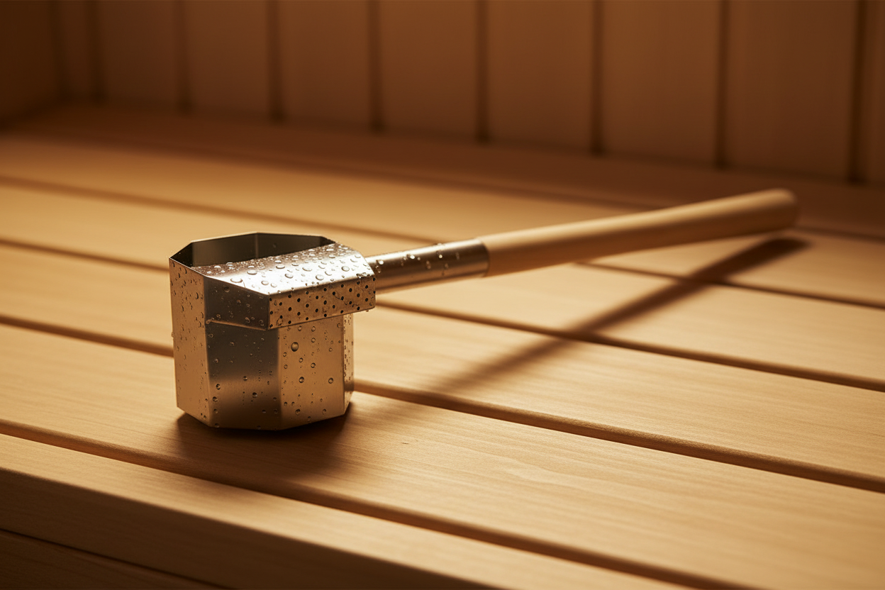 Sauna ladle on sauna bench dark