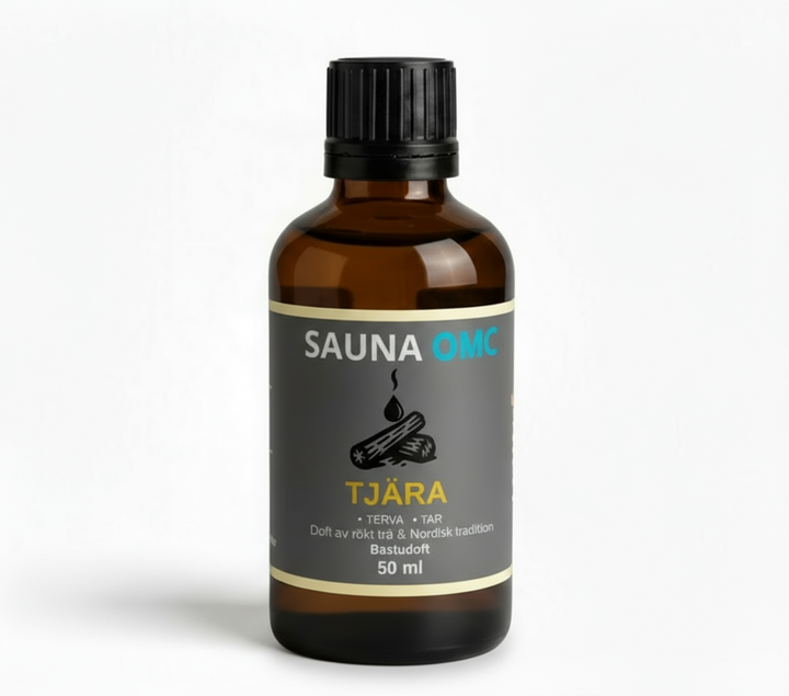 Bastuolja Tjära – 30ml rökig saunadoft i brun glasflaska från Sauna OMC