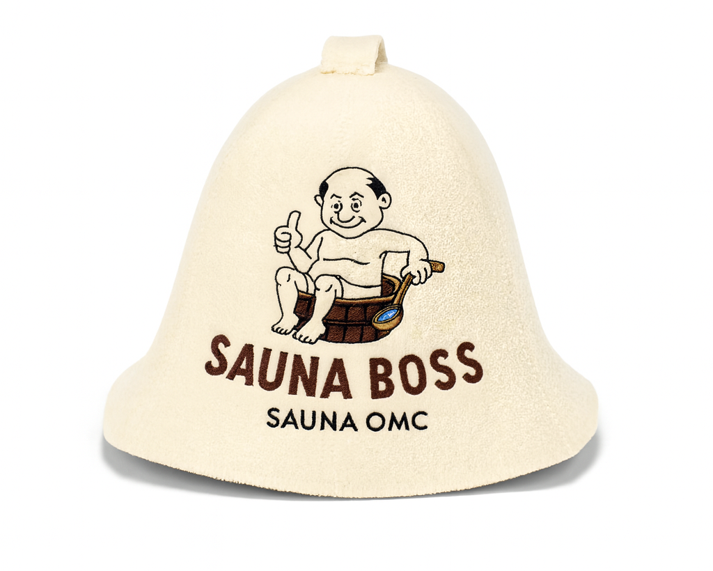 Bastumössa i beige ull med ”Sauna Boss”-motiv som skyddar hår och huvud från värme i bastun.