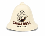 Bastumössa i beige ull med ”Sauna Boss”-motiv som skyddar hår och huvud från värme i bastun.